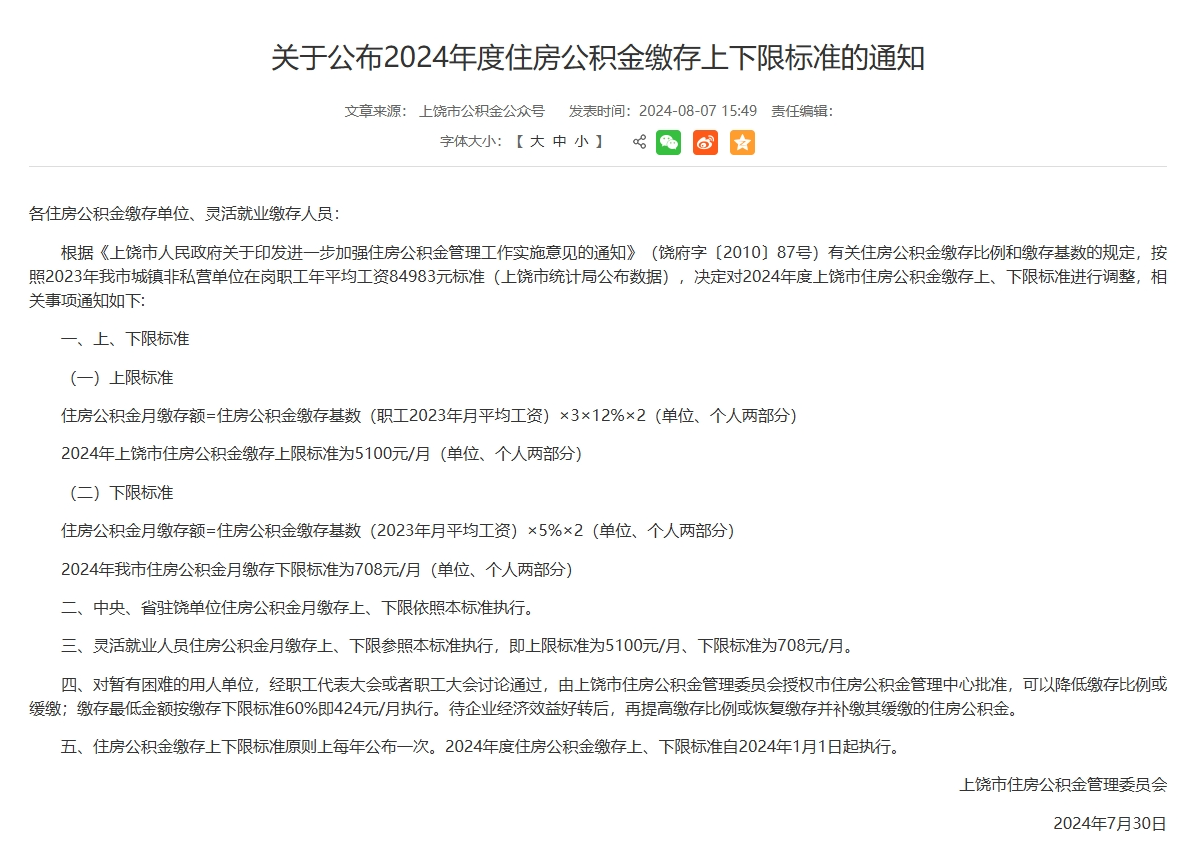 8月9日电，据“上饶市人民发布”8月8日消息，江西省上饶市住房公积金管理委员会调整上饶住房公积金部分使用政策。政策调整暂定试行期一年，从2024年7月22日至2025年7月21日止。调整上饶住房公积金贷款额度上限。对使用住房公积金贷款购房的在职职工，贷款上限调整为80万元，再次使用住房公积金贷款购房的在职职工，贷款上限调整为70万元，存贷比按照20倍执行。允许使用住房公积金贷款购房的三孩家庭或者购买装配式建筑住房、立体生态住宅的家庭，在贷款上限的基础上，贷款额度上浮20%。