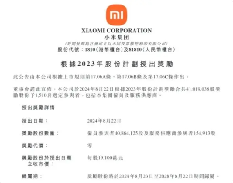 人均奖励47万元!小米宣布:奖励1510名员工4101.9万股 价值7.17亿元