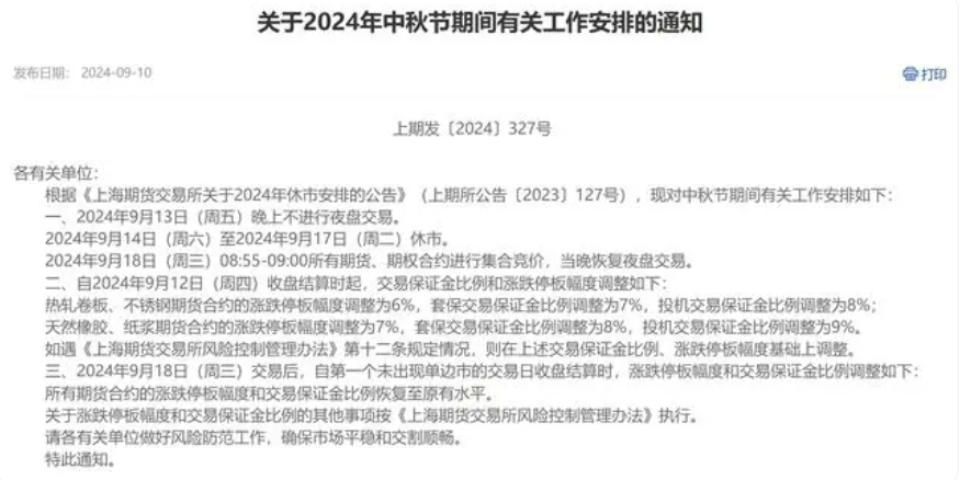 投资者注意!上期所等公布中秋节休市安排